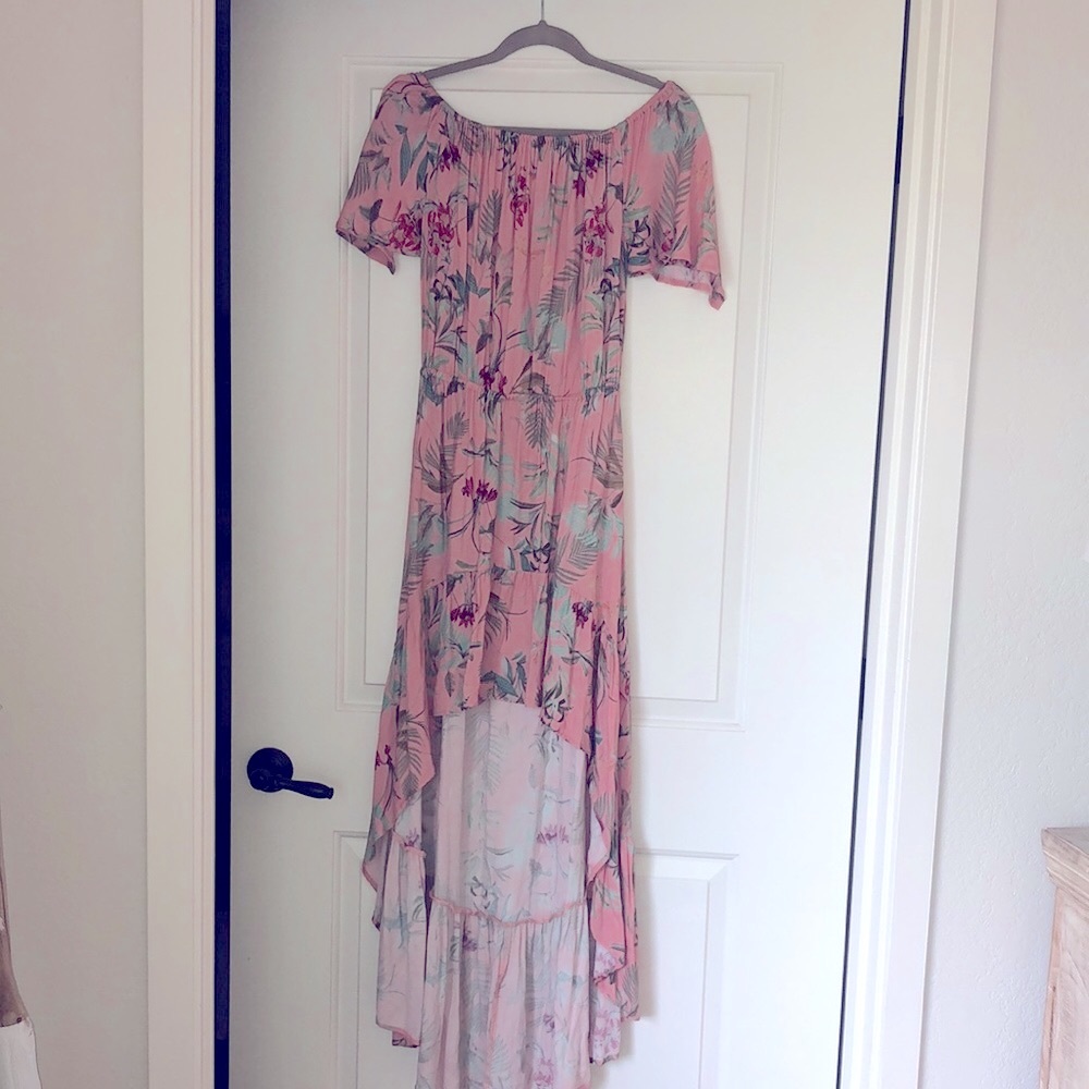 On the road off shoulder tropical print high low dress